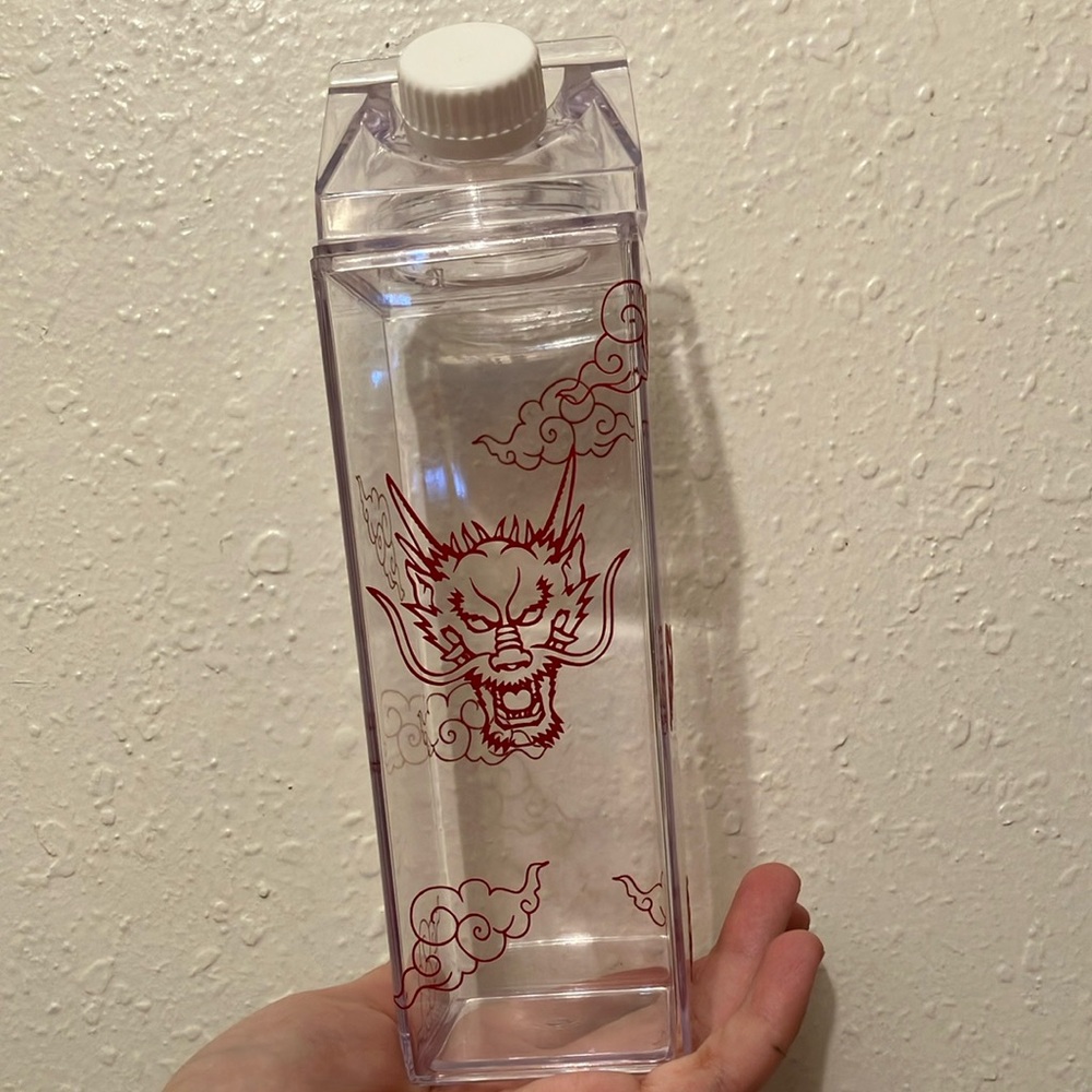 Clear Water Bottle with Red Dragon Design